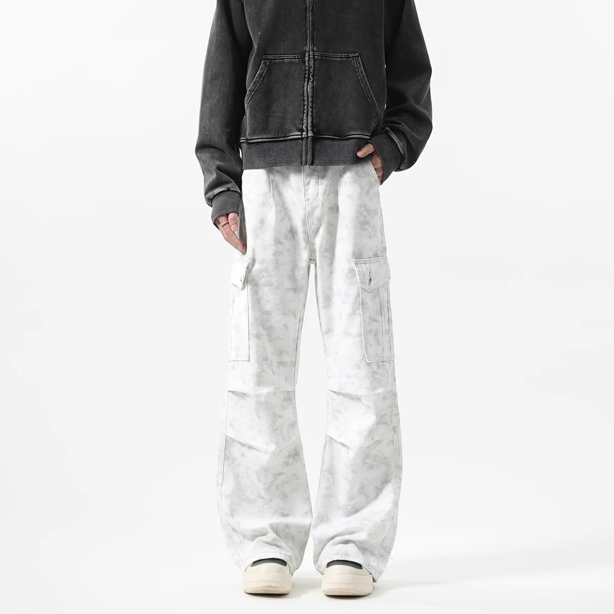 Men's Tie Dye Cargo Sweatpants High Street Loose Multi Pockets Pleated Joggers Straight Baggy Pants