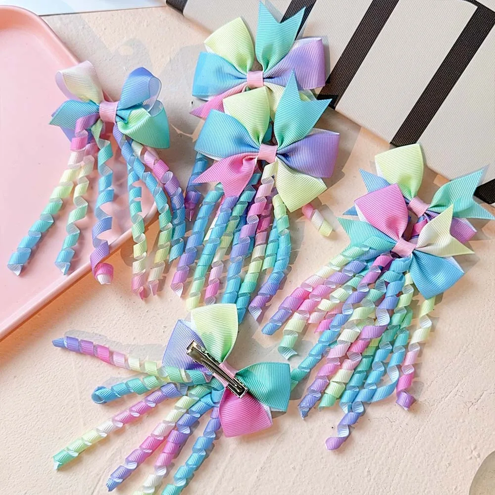 Заколки для волос для девочек, головные уборы, 2 шт., милый Радужный градиентный бант с кисточками, идеально подходят для вечеринок по случаю дня рождения, повседневная мода, новинка
