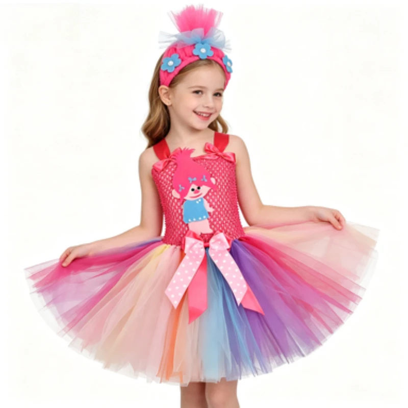 Unique Girls' Dress with Cartoon Elf Pattern,  Kids' Princess Style Outfit Set,  Halloween Party Performance Clothes Dress