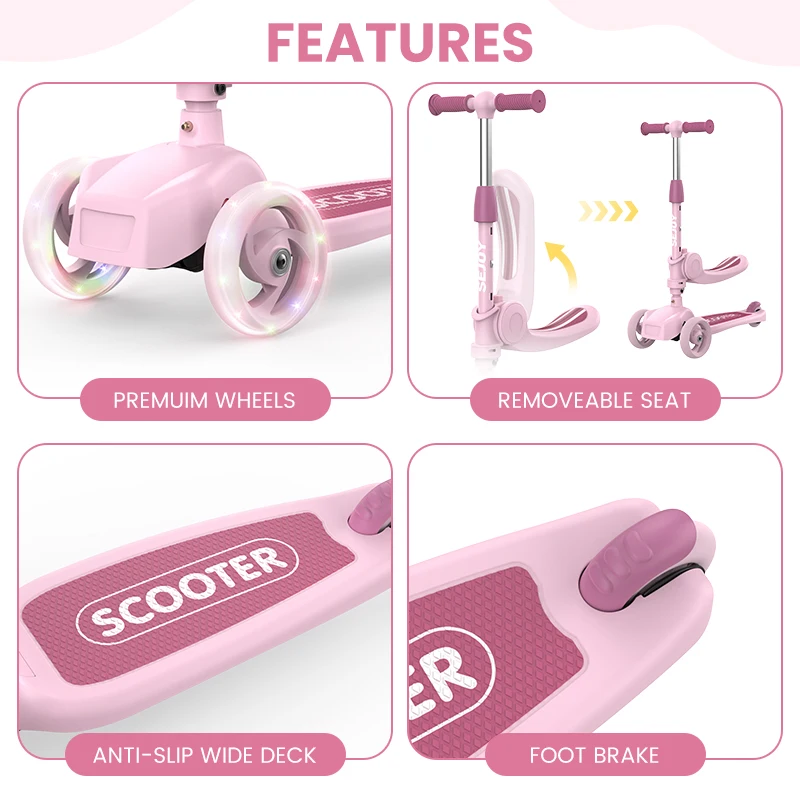 سكوتر ركلة للأطفال مع مصابيح LED ذات 3 عجلات، ومقود قابل للتعديل من العجاف إلى التوجيه، ومقعد قابل للطي، وركوب الجلوس أو الوقوف، لمدة 3-8 سنوات
