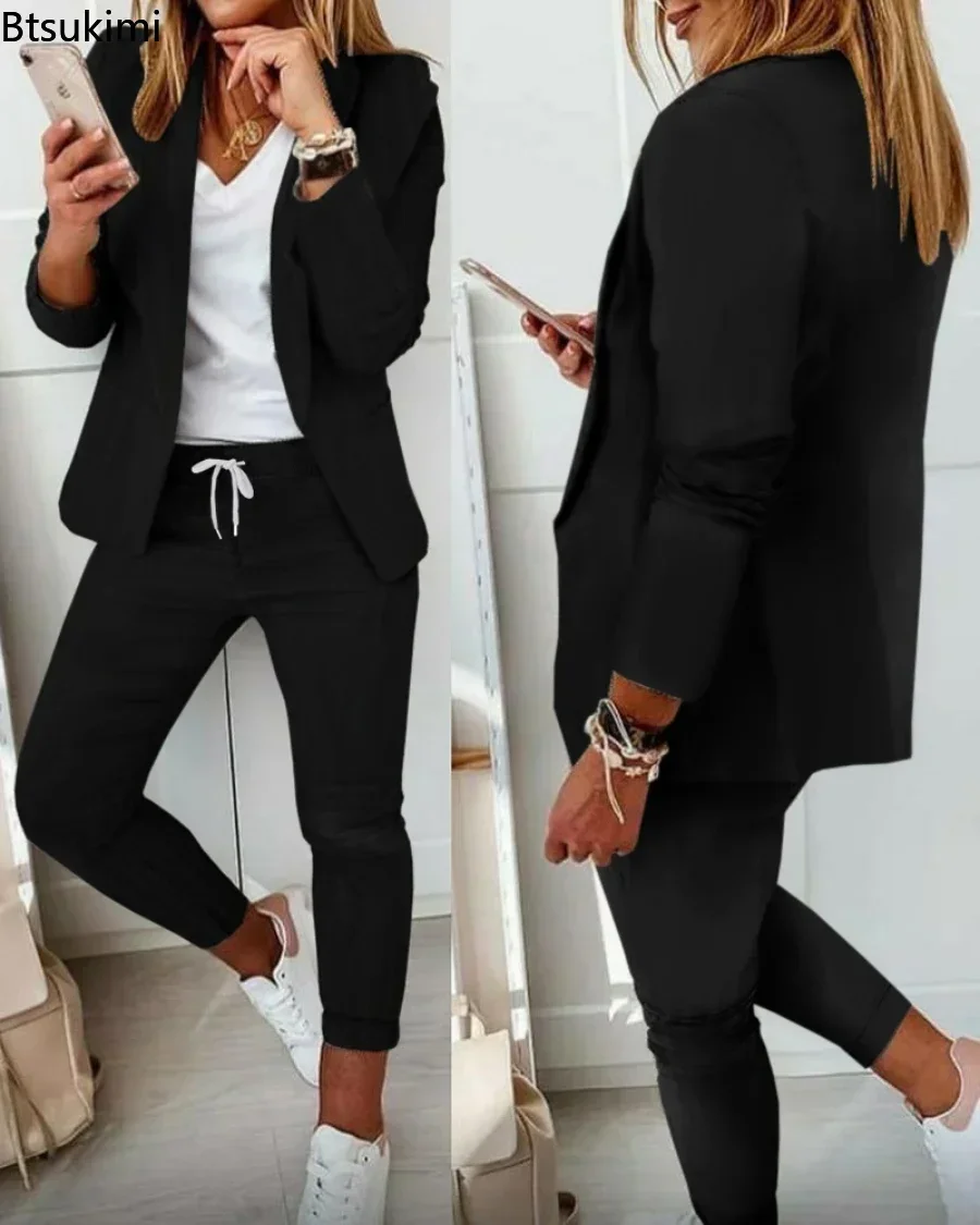 2025 frauen Zwei Stück Hosen Anzug Set Outfits Frühling Herbst Drehen Unten Druck Blazer Mantel Kordelzug Hosen Anzug Frauen Casual Sets