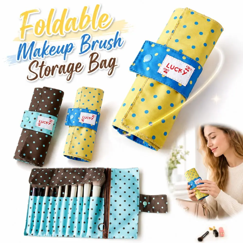 Stylish Polka Dot Makeup Brush Storage Bag Canvas Multipurpose Makeup Tool Bag 10 Slots Large Capacity Makeup Bag Multipurpose