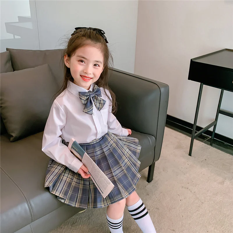 Japenese Style Baby Girls School Uniform Suit Children Kids Bow Blouses+Pleated Skirt Performance Clothes Kids Dance Wear Sets