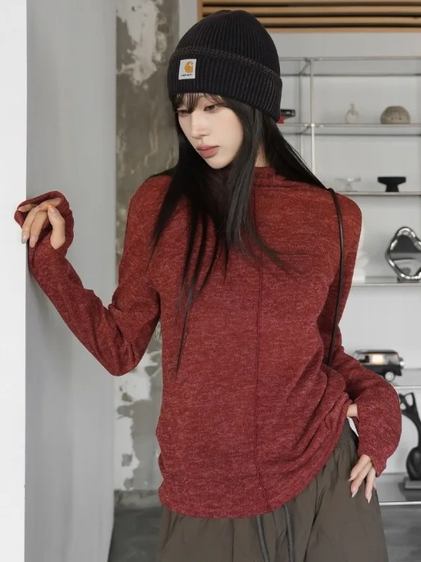 Red Slim Fit T-irt Women's Base Layer Warmth Unique Design Spring 2026 Long Sve Korean Sle Faionable Innerwear