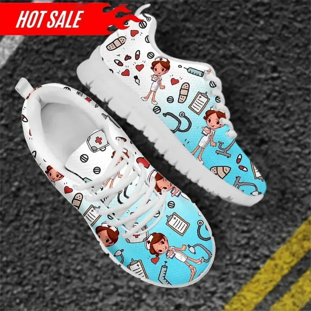 

Cute Cartoon Nurse/Doctor Print Nursing Mesh Sneakers Flat for Womens Shoes Light Lace Up Footwear Mujer Pisos