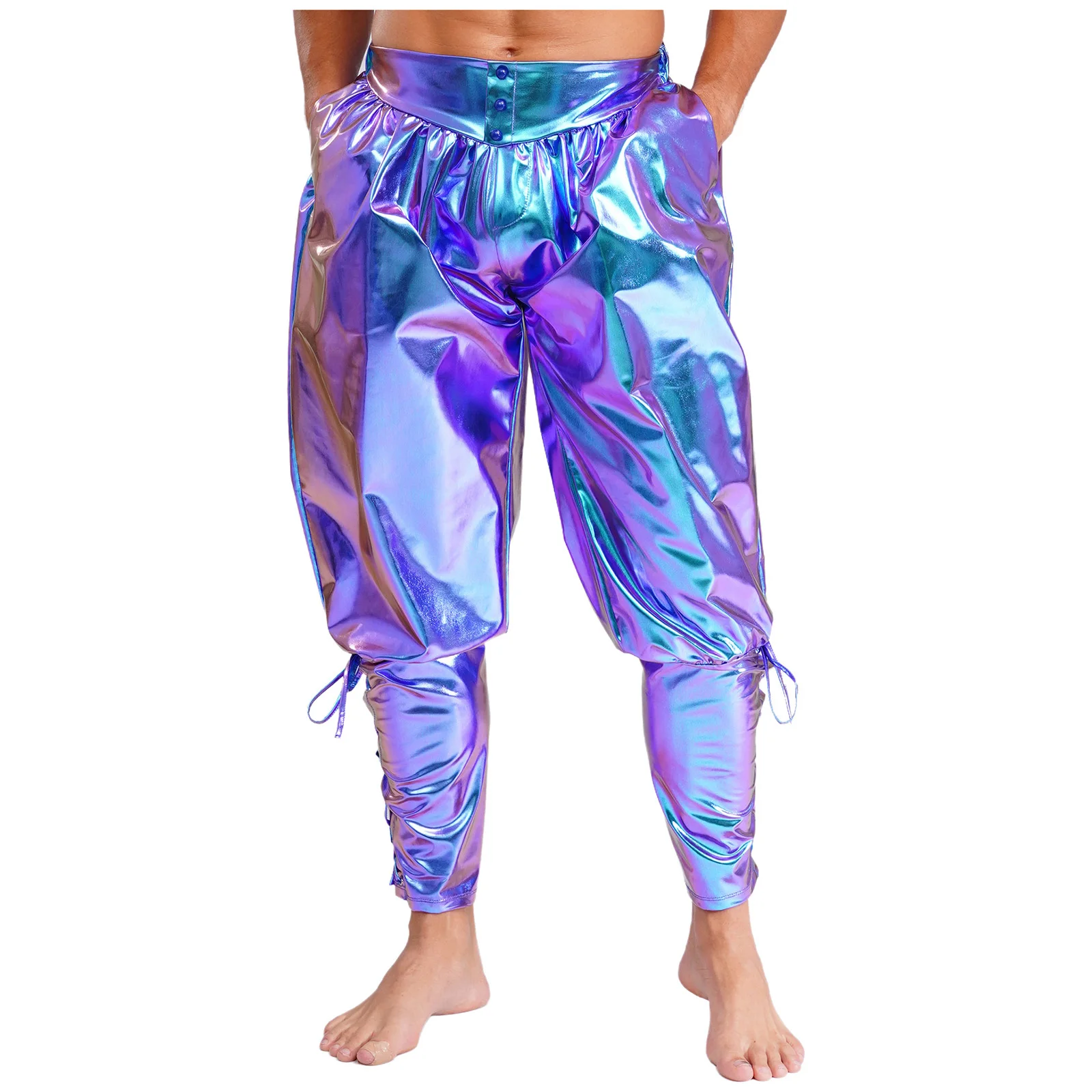 

Men's Fashion Metallic Ankle Banded Pants Medieval Renaissance Viking Pirate Lace Up Tapered Trousers Halloween Party Costume