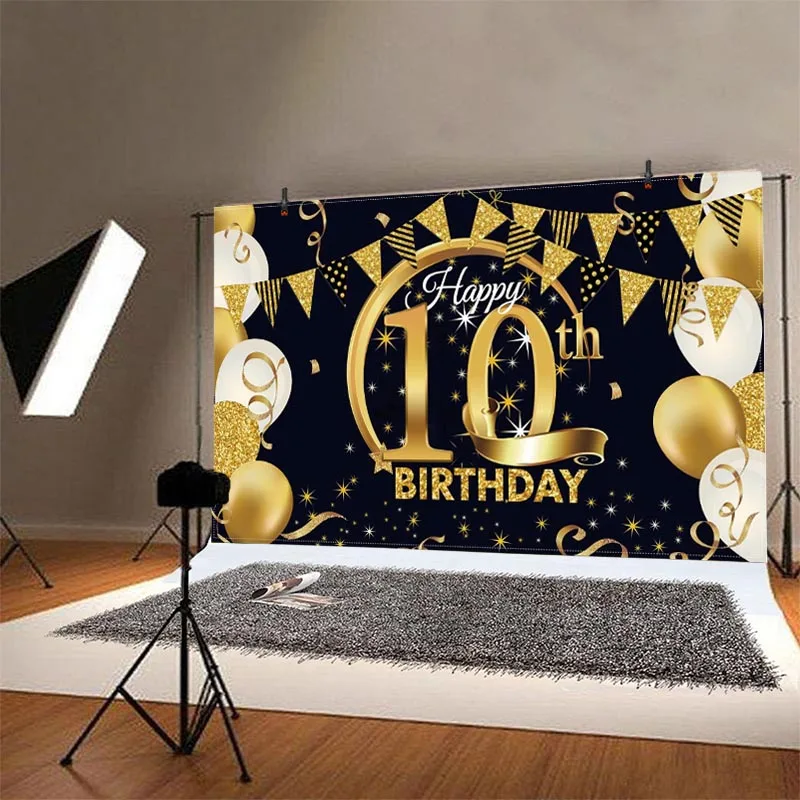 Black Glod 10 Backdrop Baby Shower Meninos Meninas 10 Anos de Aniversário Festa de Fotografia Personalizada Photo Studio Banner