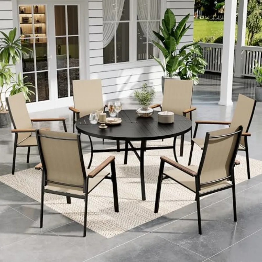 

Outdoor Patio Dining Set 7 Pieces, 6 Aluminum Patio Dining Chairs and 54" Large Round Dining Table, Space-Saving and Lightweigh