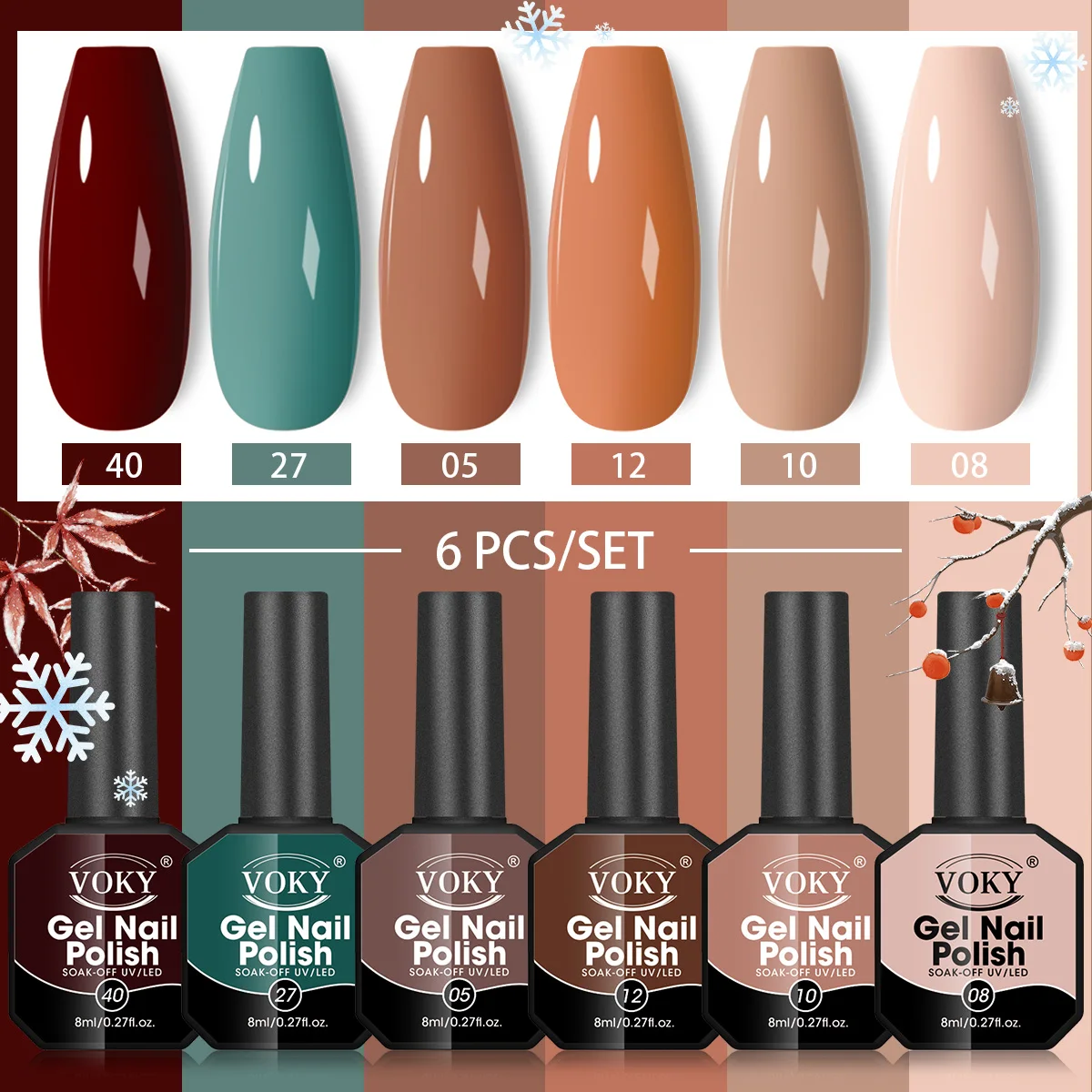 مجموعة طلاء أظافر جل VOKY 8 مل مكونة من 6 قطع - جل ملون LED عالي التطبع، مناسب لطلاء الأظافر الاحترافي للسيدات