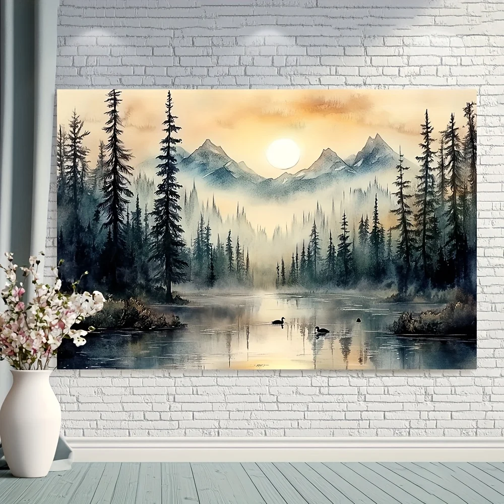 1pc Dark Forest Map Printed Tapestry - Elegant Home Decor & Photography Backdrop with Pine Trees, Misty Mountains & Sunset River