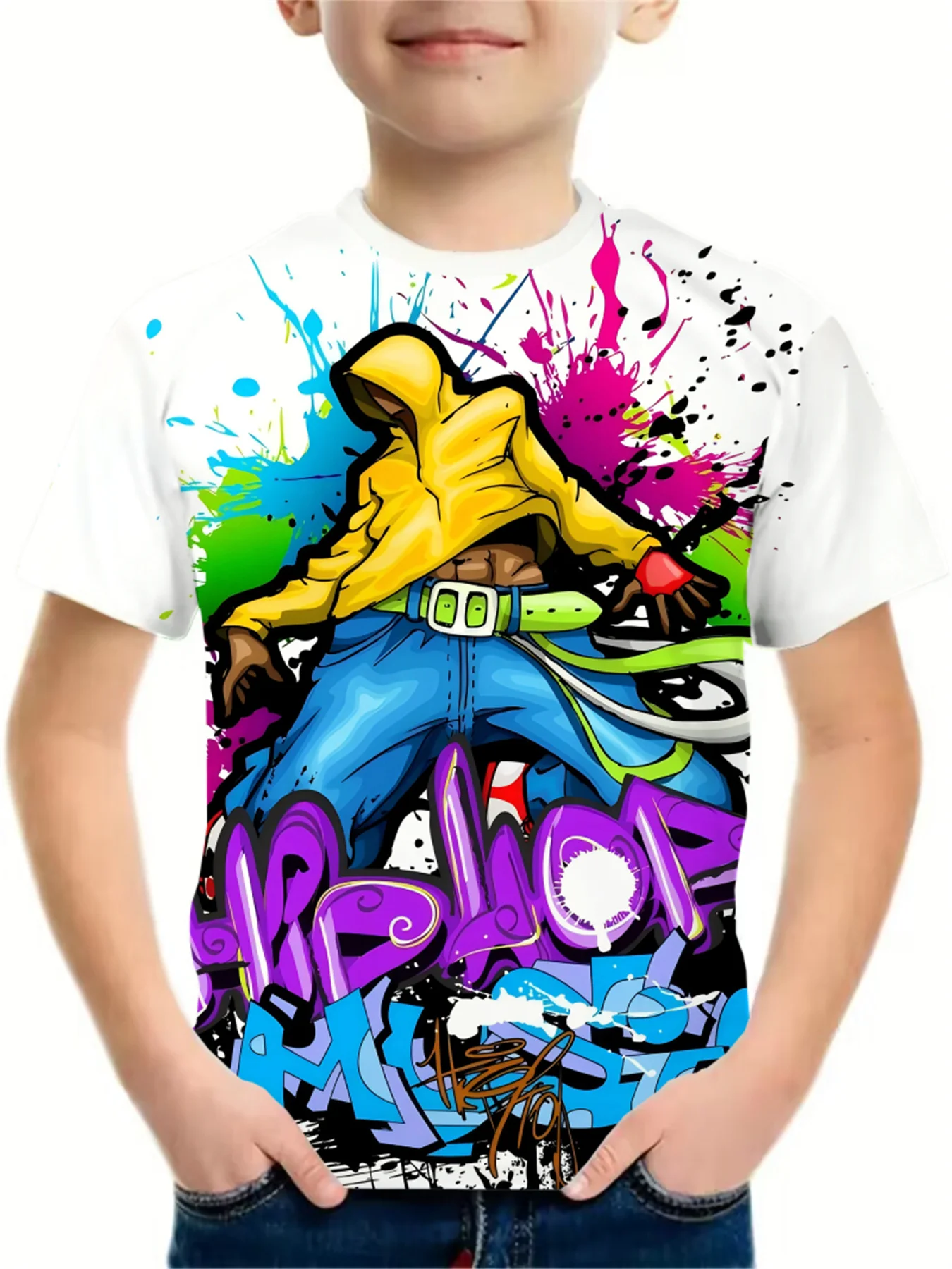 Boys'Summer Breathable Short-Sleeve T-Shirt with 3D Hip-Hop Graffiti Print, Dynamic Street Dance Style,  Outdoor Streetwear,