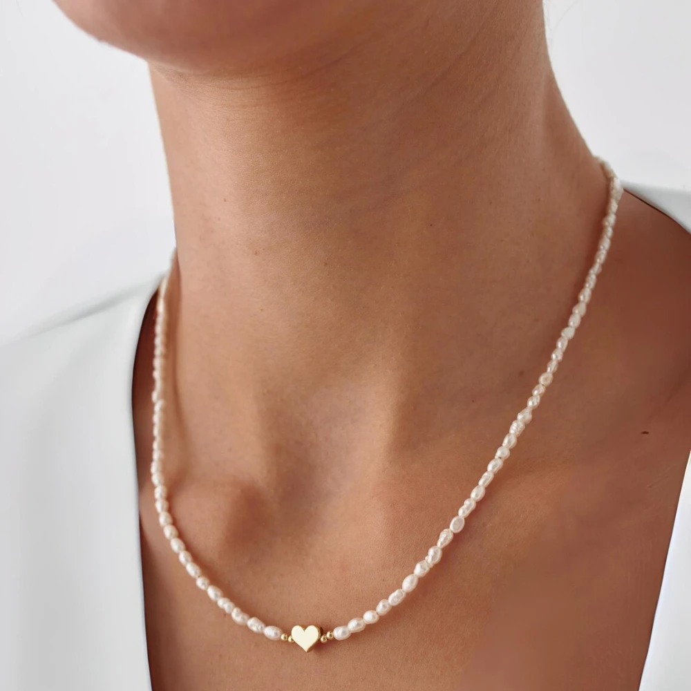 Dainashi 3-4mm Rice Shape Freshwater Pearl Necklaces for Women 40cm 45cm 50cm 4cm Extend Chain Adjustable Necklaces Jewelry Gift