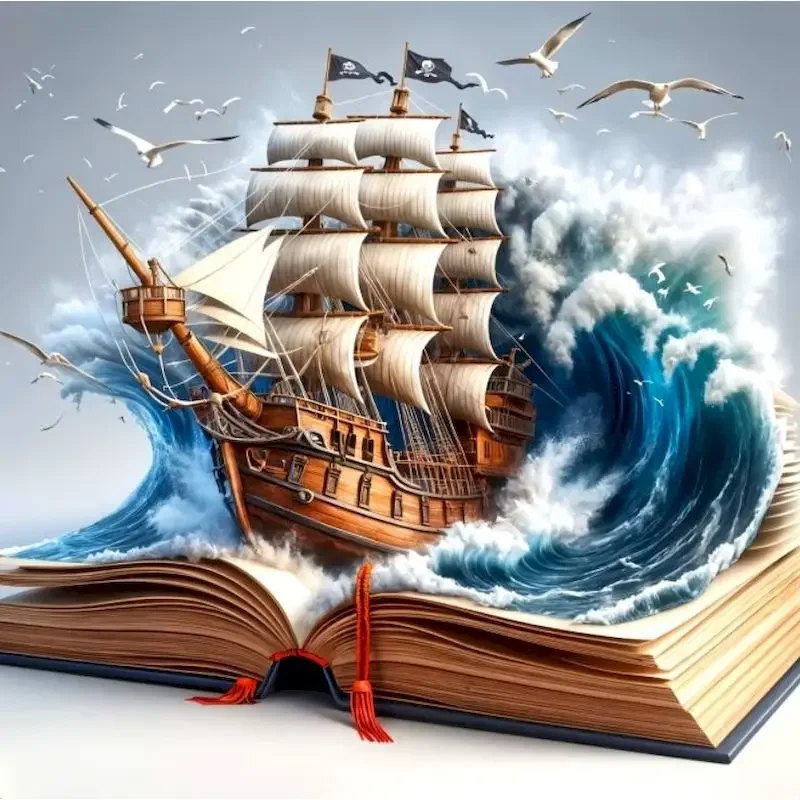 Vintage Rectangle Metal Tin Sign Pop‑Up Book Pirate Ship Ocean Wave Seagull Nautical Art 2D Flat Not 3D Rustic Distressed Wall Plaque Pre‑Drilled Holes Sea Theme Man Cave Bar Home Wall Hanging Decor