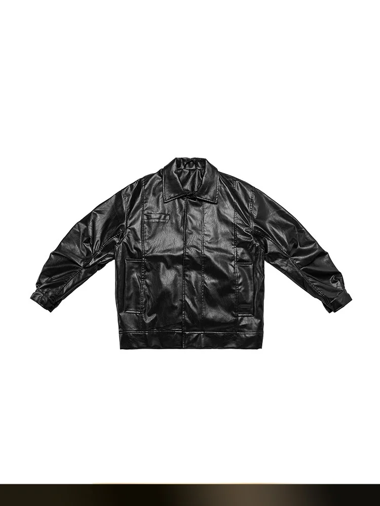 

American Retro PU Leather Jaet Men's Autumn CleanFit Knife Sve Collar Jaet Loose Fit Youth Trend Polyester Blend