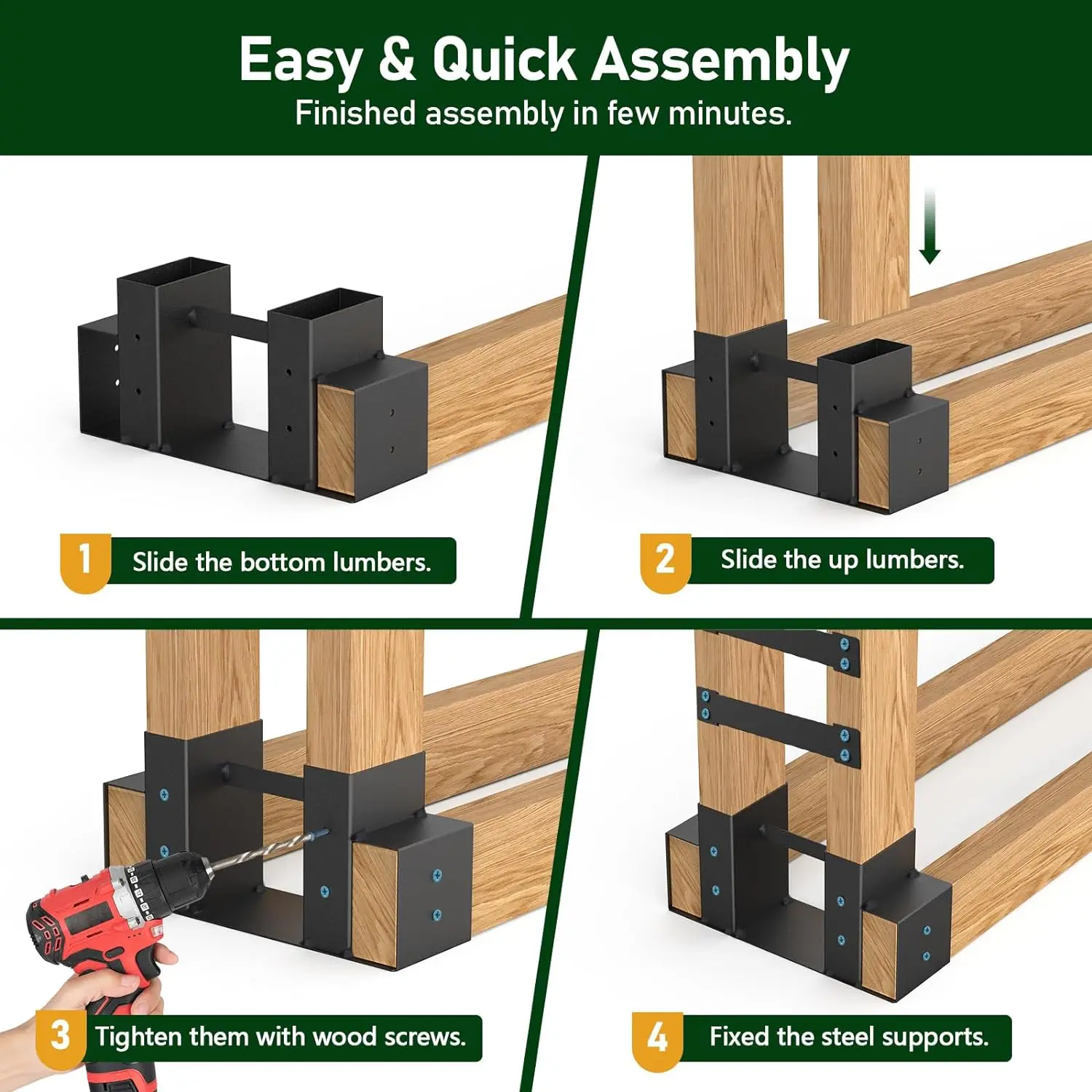 Lenha ao ar livre Armazenamento Rack Suporte Kit, Atualizado Lareira Log, Madeira Empilhamento Titular, ajustável para qualquer comprimento