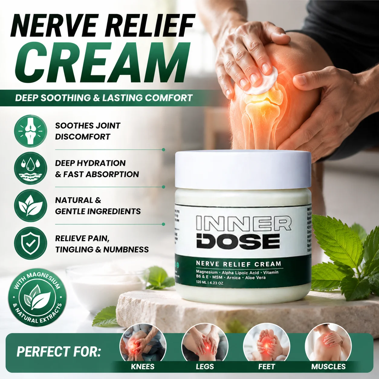 Inner Dose Nerve Relief Cream Natural Soothing Topical Ointment For Discomfort Nourishes Skin And Eases Local Irritation