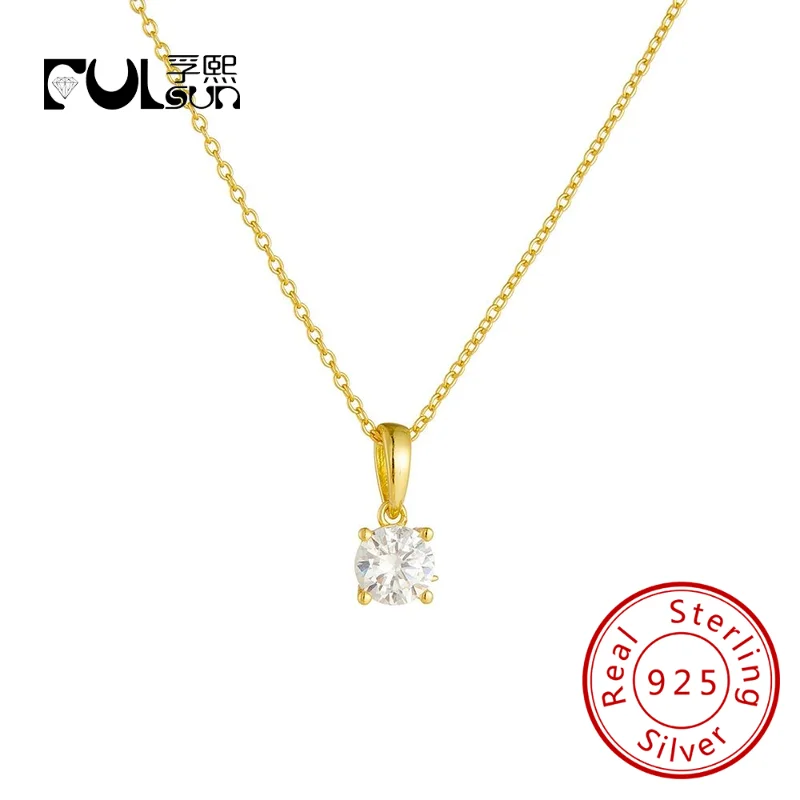 

925 Sterling Silver 14K Gold Plated Classic Sample Single Stone 5Mm Geometric Round Necklace