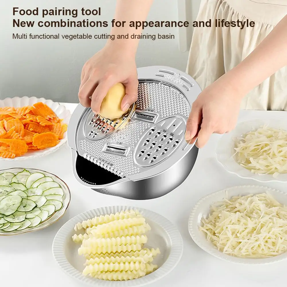 Stainless Steel Drain Basket 3 in 1 Colanders Basin Multifunctional Slicer Basin Vegetable Graters Drainage Thickened Kitch Z6C0