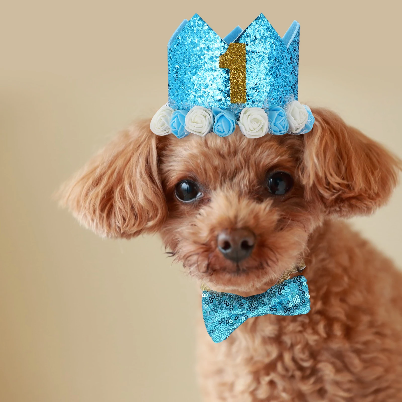 

Adjustable Pet Birthday Crown Dog Hat Blue Bow Tie Supplies Costume Kit Glitter Design Machine Washable Comfortable Durable Gift