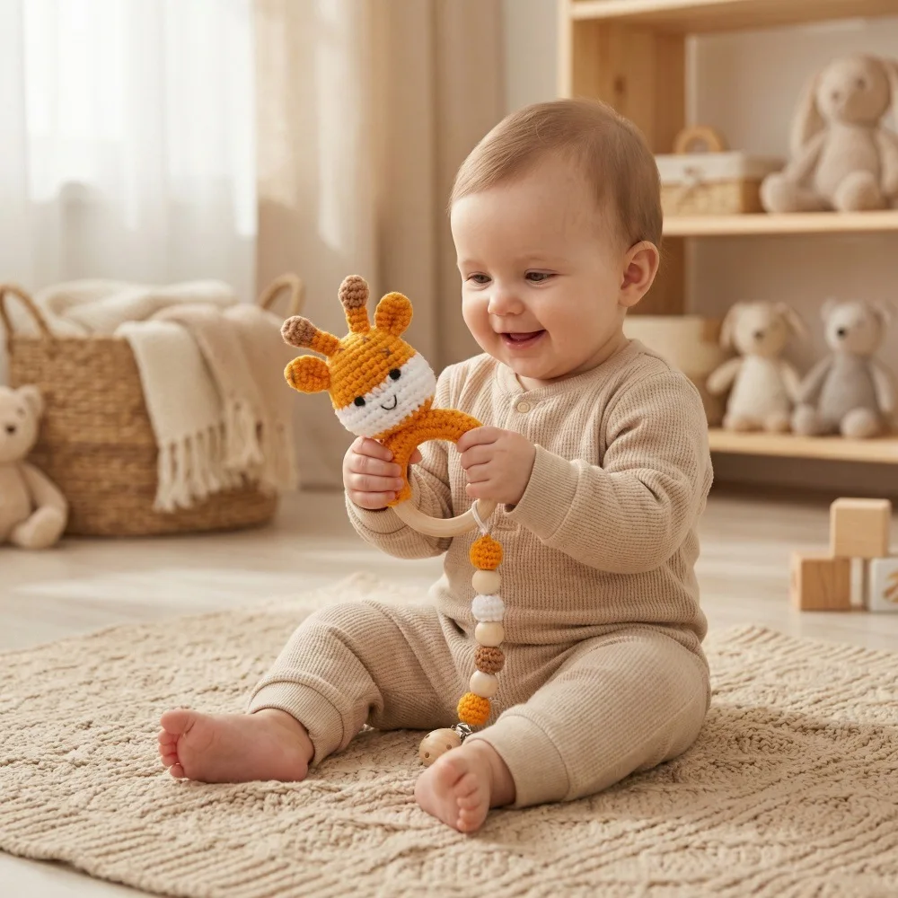 Baby Handmade WoolWoven Rattle Toy Cartoon Deer Teething Soothing Toy Chewable Hand Rattle Infant Toddler,Soft Soothing Hand Toy