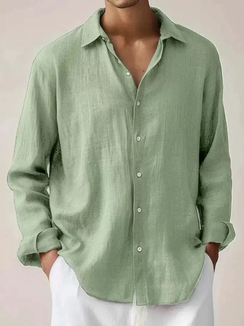Men's Cotton Linen Work Shirt Thin Breathable Long Sleeve Casual Shirt Wrinkled Fabric Basic Versatile Trendy Slim Fit