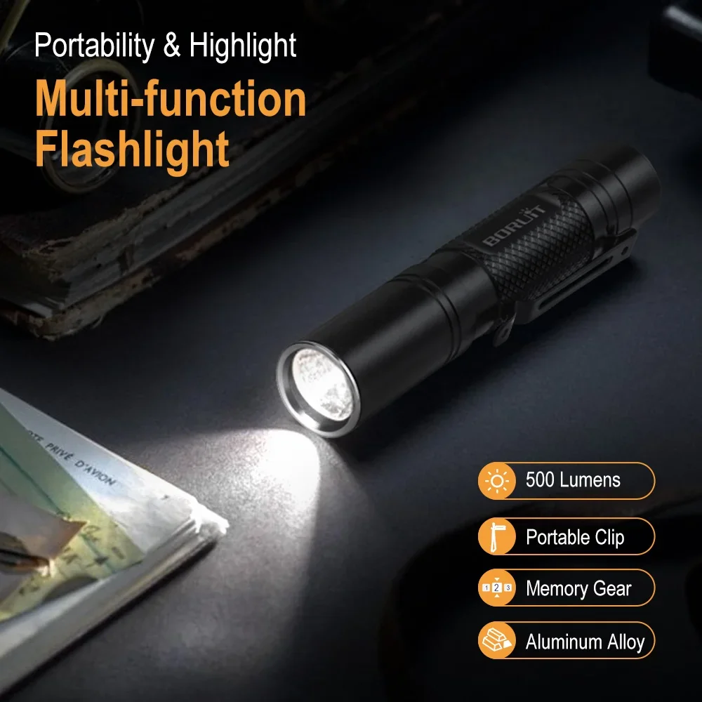 BORUiT RJ13 500LM Super Light Pocket Flashlight EDC Mini Torch Light Portable Clip Aluminum Alloy Emergency Camping Lantern