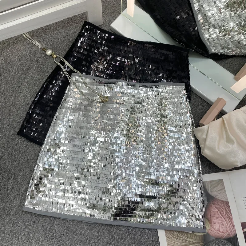 IMU Sexy Sparkling Sequins High Waist Slim Fit A Line Mini Skirt Y2K Hot Girl Anti Exposure Lined Bodycon Pencil Half Skirt8108