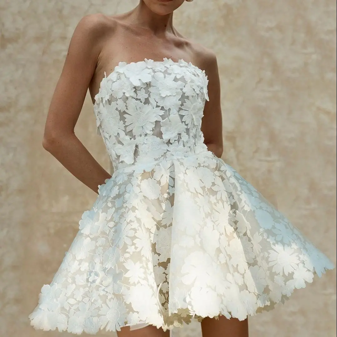 

Strapless Short Wedding Dress for Bride 2023 Lace Applique Bolero Mini Skirt A Line Simple Vestido De Novia Bridal Gown