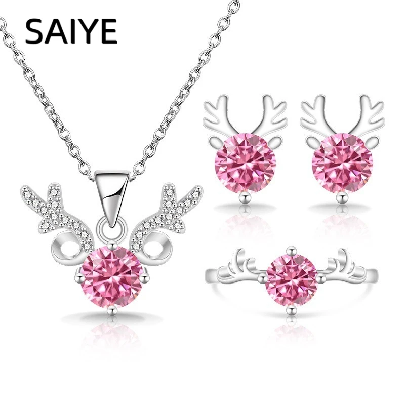 925 Sterling Silver Reindeer Jewelry Set, Pink CZ Deer Antler Pendant Necklace Earrings Ring, Cute Animal Jewelry Gift for Girls