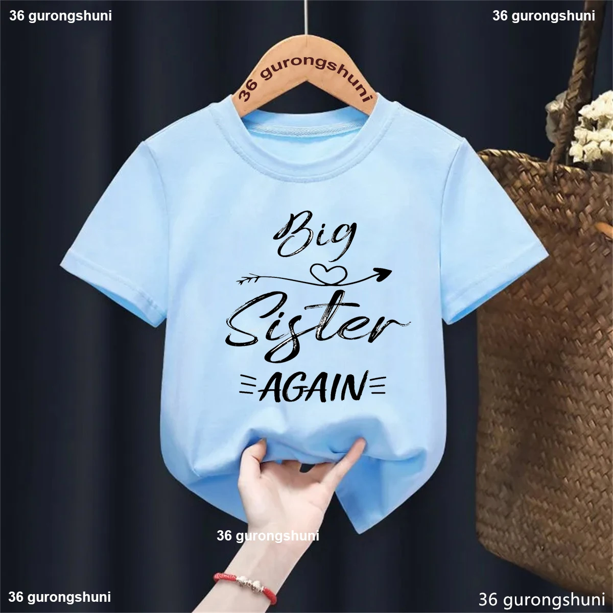 Big Sister Again Arrow Letter Printed T Shirt Girls Pregnancy Announcement Shirt Kawaii Kids Clothes White/Pink/Black T-Shirt - view 3