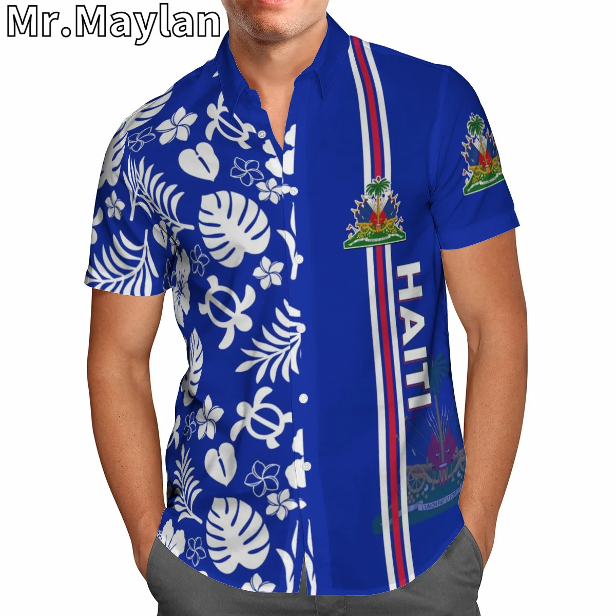 

HAITI HAWAIIAN SHIRT HAITI COAT OF ARMS Blue 3D Print Shirt Summer Short Sleeve Tee Men Shirts 2024 Oversized 5XL Chemise Homme