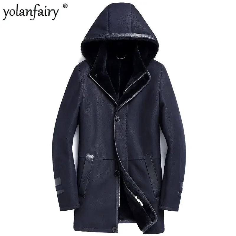 YOLANFAIRY Winter Natural Fur Coat Men Business Hooded Sheepskin Real Leather Fur Jacket Men's Medium Long Coat Casaco Masculino