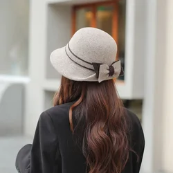 Vintage Women Bow Visor Hat Fashion Furry Bucket Hat Autumn Winter Korean Version Fluffy Panama Hat Warm Ladies Fisherman Cap