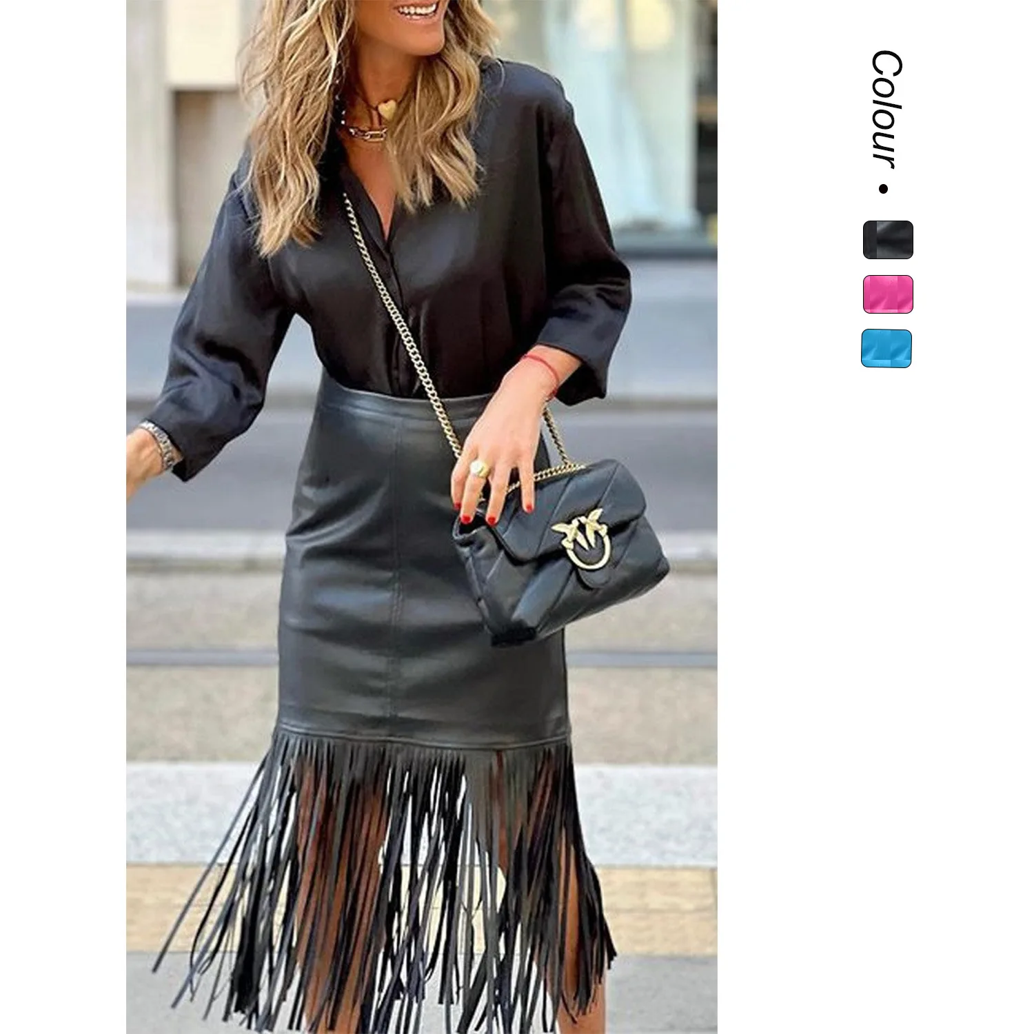 

Street Sle, осенне-зимняя кожаная юбка с кисточками и высокой талией, тонкая ткань с принтом, женские юбки из другого материала