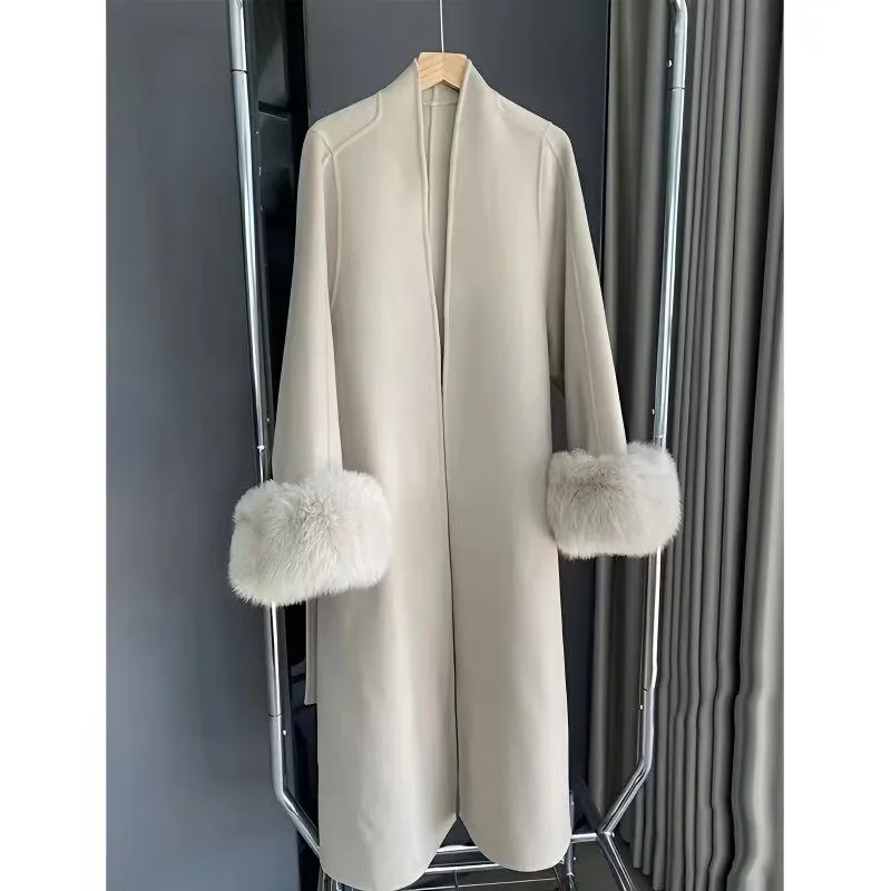 2025 Winter Hepburn Style Cuff Woolen Coat Women's Coat New Thick Lace up Medium Long Style Ladies Style Woolen Coat Solid Color
