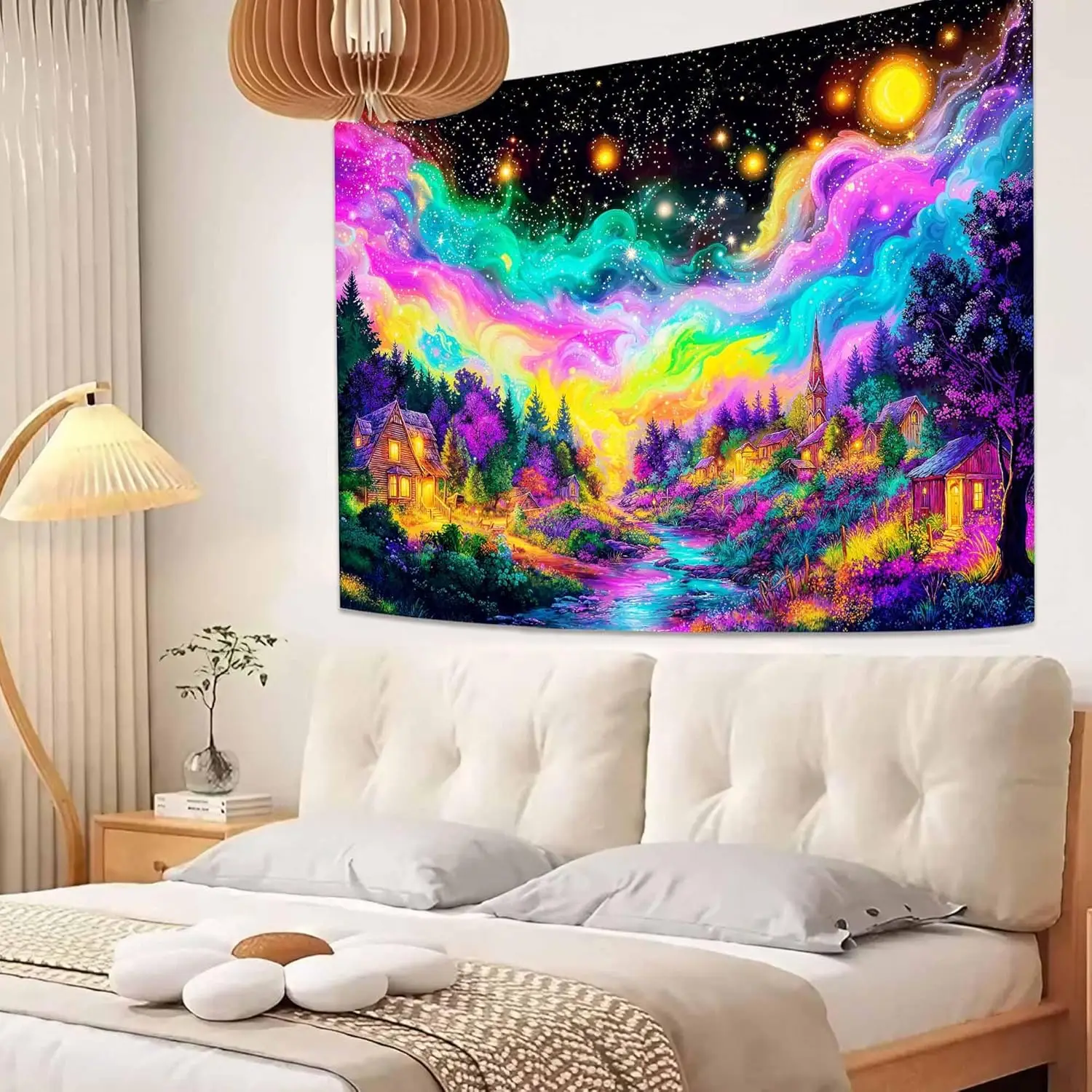Blacklight Dreamy Village Starry Sky Tapestry, UV Reactive Fantasy Landscape Wall Art for Room Decor, Luminous Night Home Decor