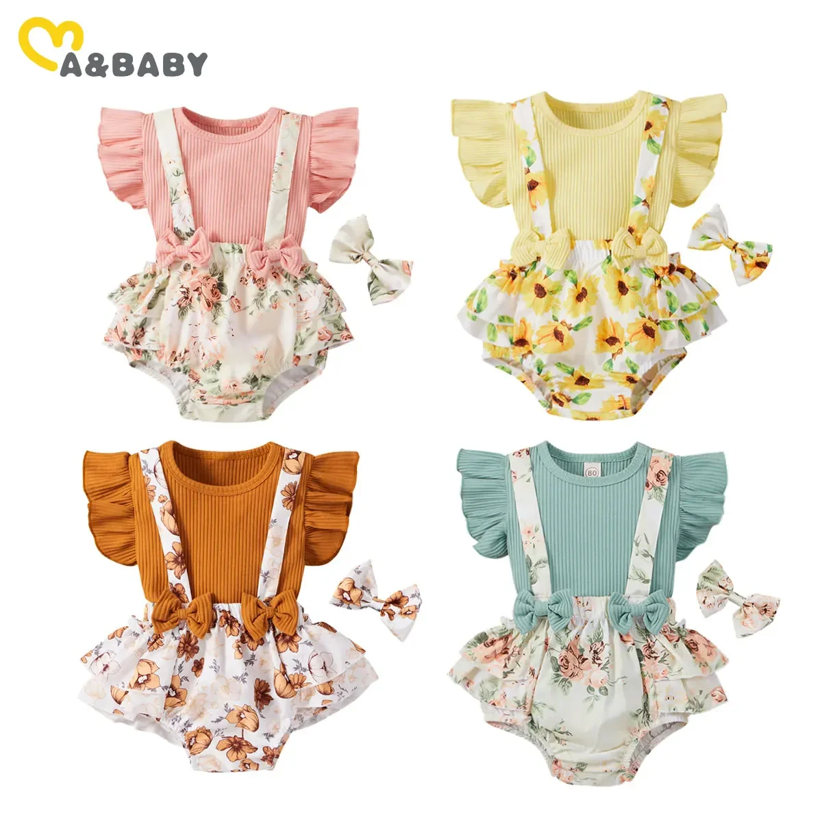 Baby Girl Floral Outfit Set: Knitted Ruffles T-shirt & Floral Overalls Shorts - Summer Costume