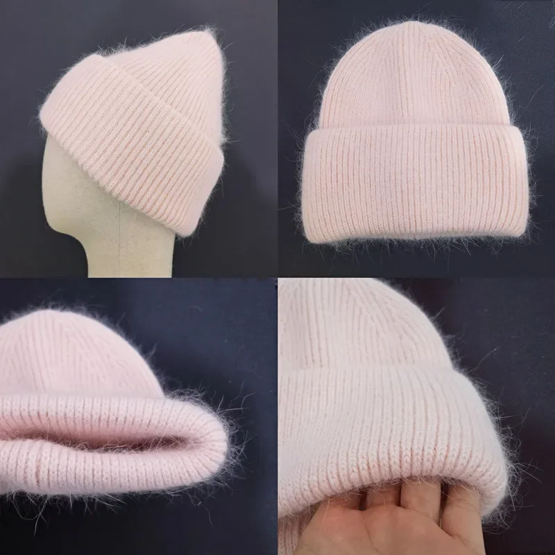 Women\'s Hat Winter Hat Beanie Real Rabbit Fur Bonnet Hats for Women Solid Skullies Knitted Female Fur Winter Hat шапка женская