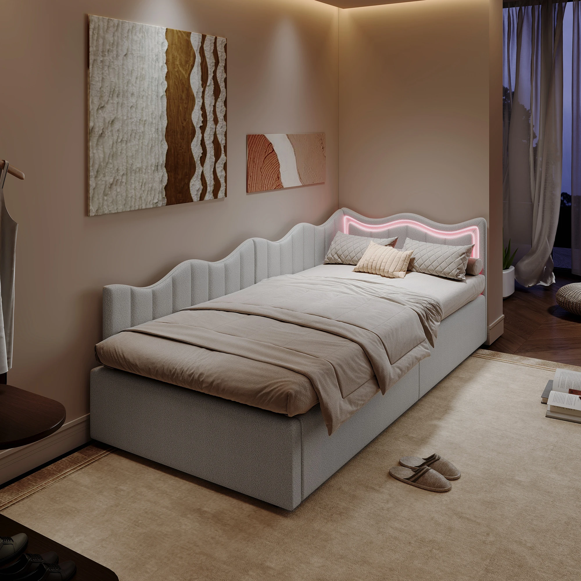 Fangange eenpersoonsbed 90 x 200 cm, gestoffeerde slaapbank, met LED-verlichting en USB, jeugdbed met lattenbodem, dagbed, zonder matras