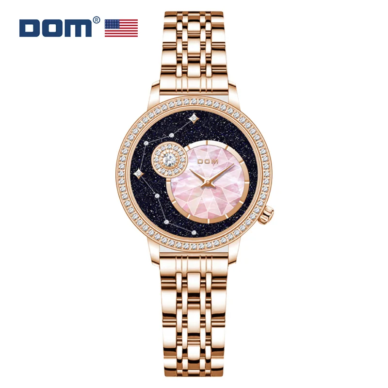 DOM Luxury Fashion Women's Watch  classic Rose gold simple Women's Quartz watch waterproof  Starry dial G-1673