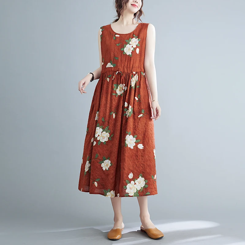 New plus Size Floral Print Cotton Linen Sleeveless Dress Waist Cinching Drawstring Midi Length Casual round Neck Gown for Women