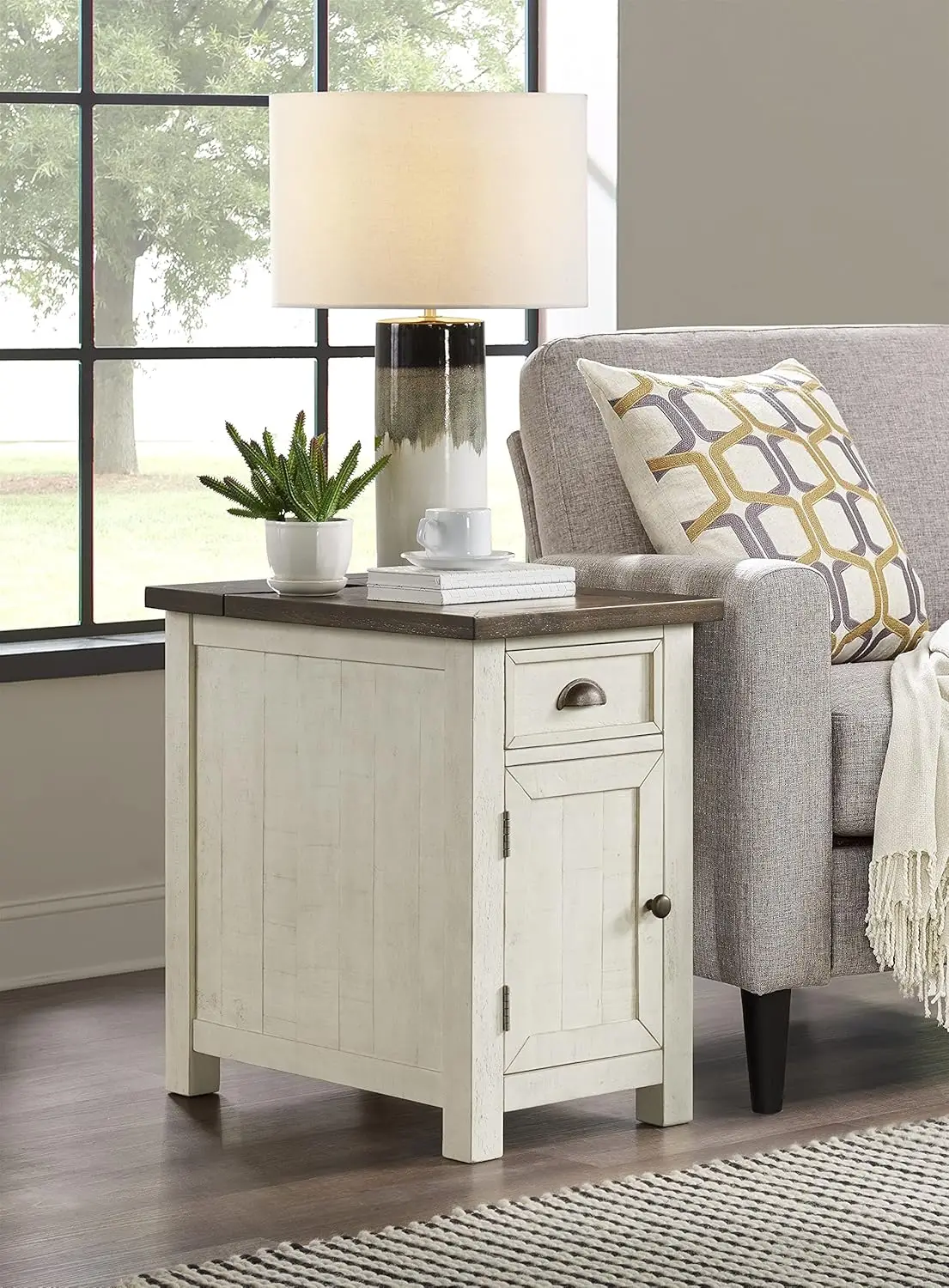 Home Monterey Chairside Table - Rustic Farmhouse Style with Drawers - Cream White and Brown Top - Bedroom or Living Room