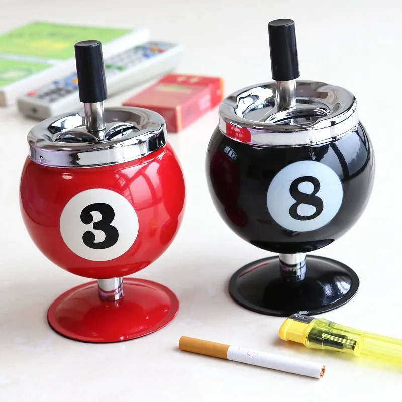 

Hot selling creative billiards metal ashtray with cover smoke cup anti-fly ash office billiards decorative smoke tray