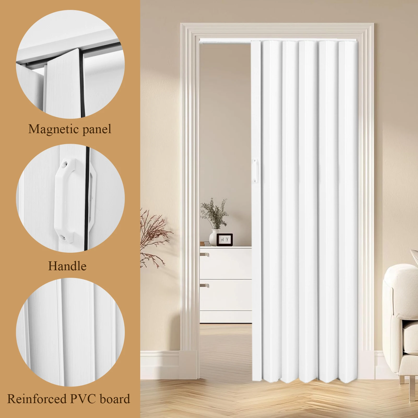 باب أكورديون PVC، باب داخلي قابل للطي مقاس 60 × 80 بوصة، مع أجهزة تركيب، مقبض، قفل لغرفة النوم وغرفة المعيشة