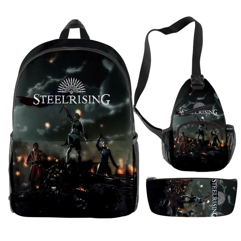 Hip Hop juvenil divertido Steelrising 3 unids/set mochila impresión 3D mochila para ordenador portátil mochilas bolsas de pecho estuche para lápices