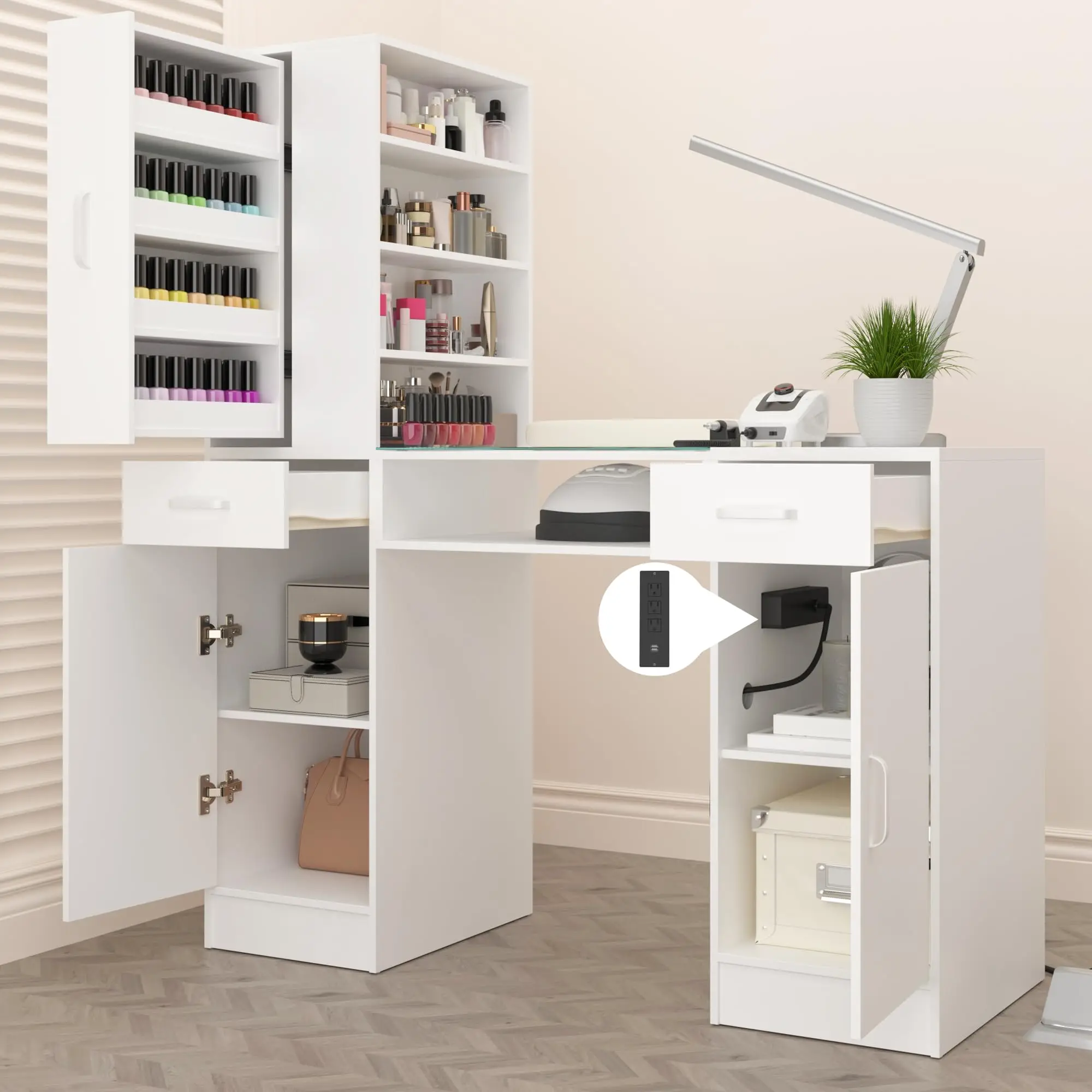 Manicure Table Nail Desk for Nail Tech with Glass Top & Wrist Rest,Nail Desk Station with Power Outlets,Shelves