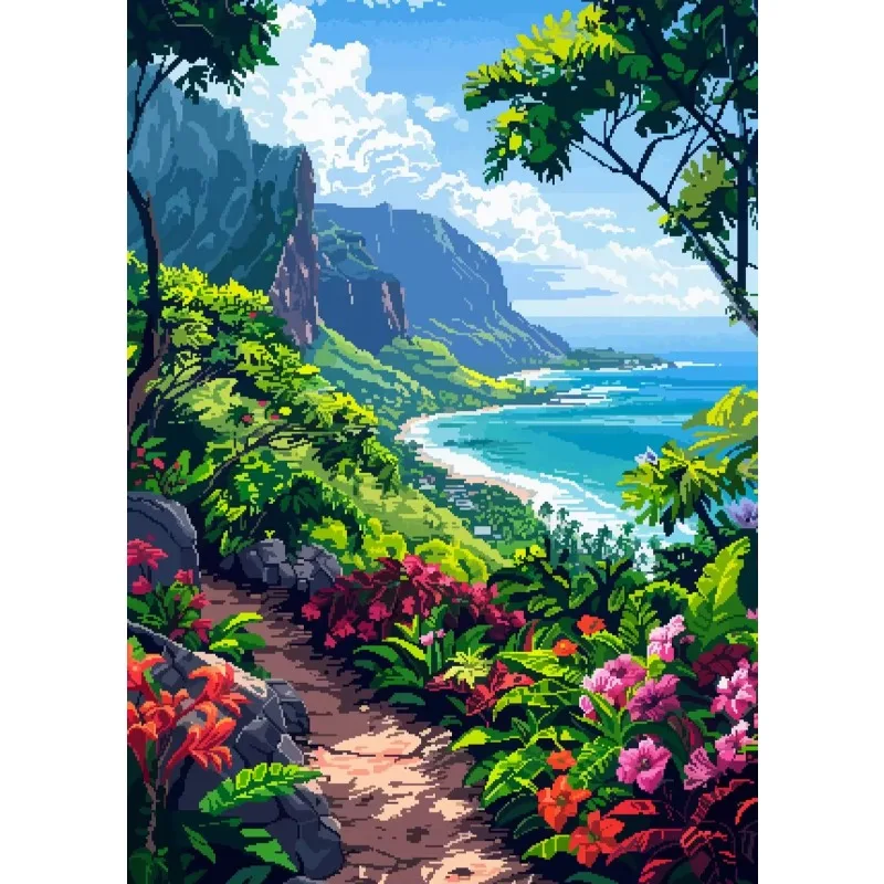 Hawaii Pixel Art Travel Landscape Poster Flower Island Sand Beach Sky Scenery Canvas Painting Room Home Wall Decor Mural