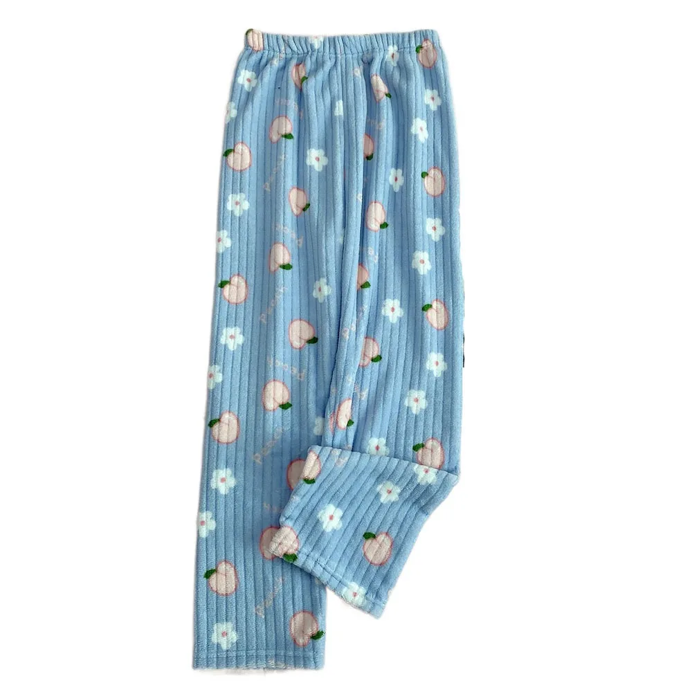 

Ins Bowknot Peach Pajama Pants Loose High Waist Flower Fleece Trousers Sweet Elastic Fabric Coral Fleece Pants Women
