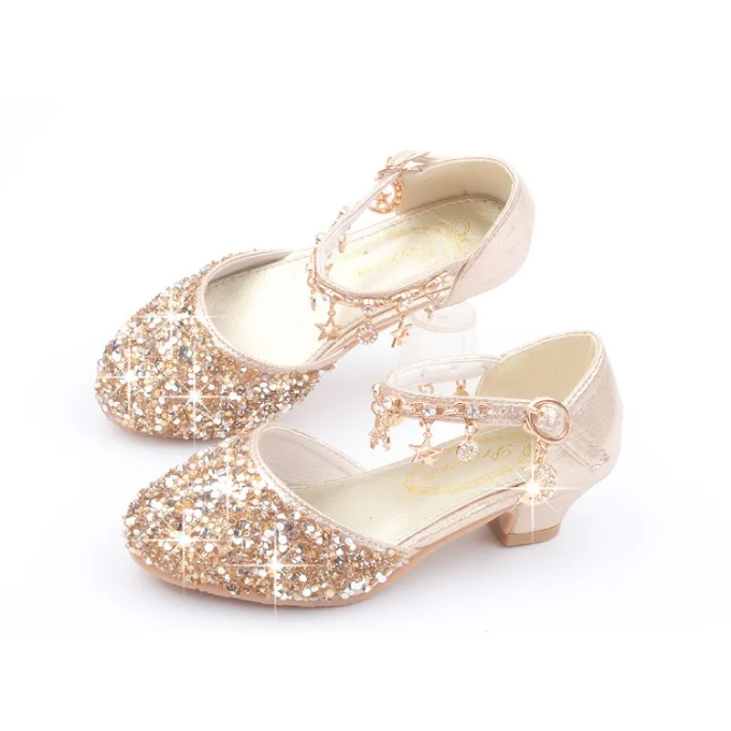 Sapatos de salto alto de strass meninas, lantejoulas infantis, dedos de glitter infantil, sandálias niveladas, todos os jogos, desempenho, primavera, outono