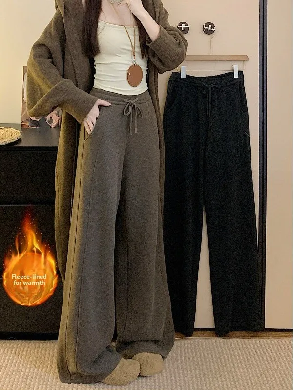 Slimming High Waist Wide Leg Pants Floor Length Coffee Color Fleece Lined Trousers for Women Spring 2026 New Style plus Size